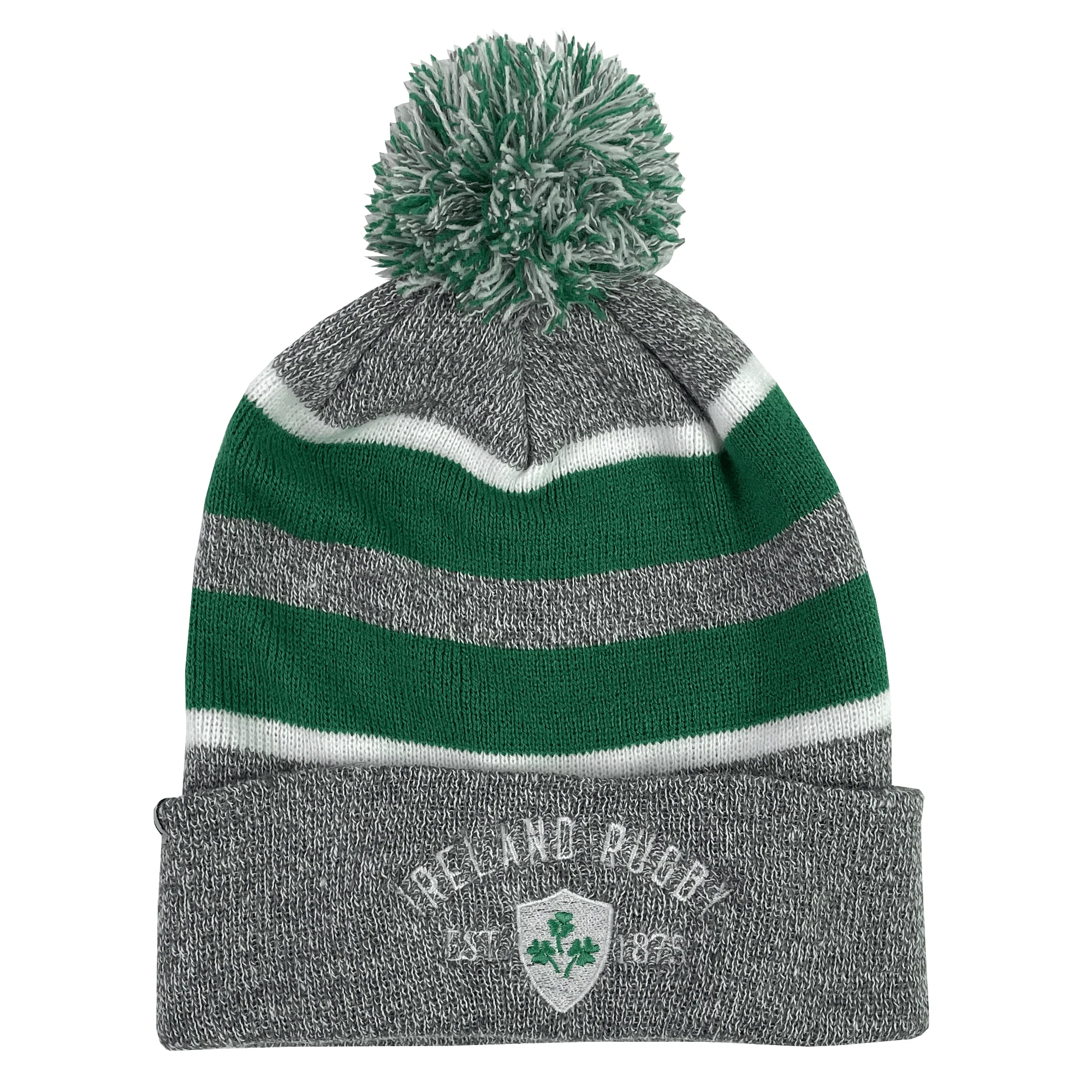 Ireland Rugby 1875 White Text Hooped Pom-Pom Beanie