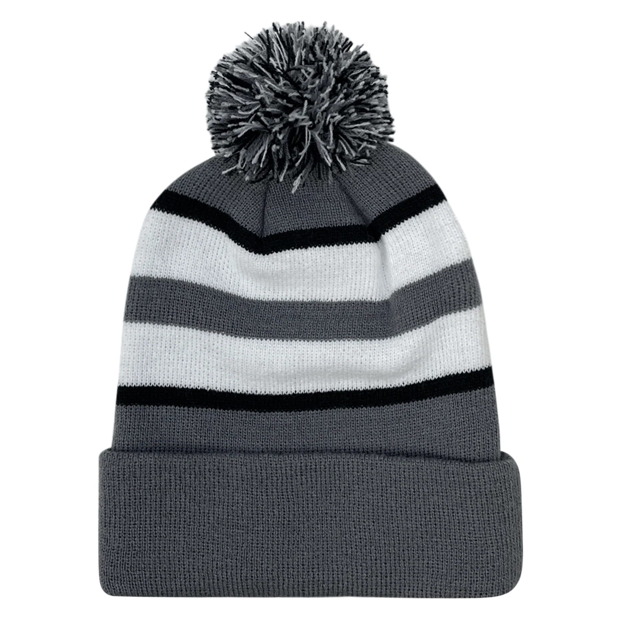 Hooped Knit Fold Over Pom-Pom Beanie