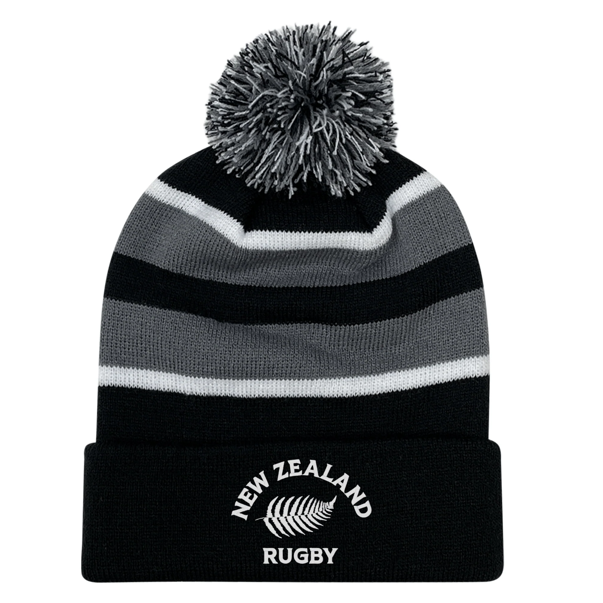 Nations of Rugby New Zealand Hooped Pom-Pom Beanie
