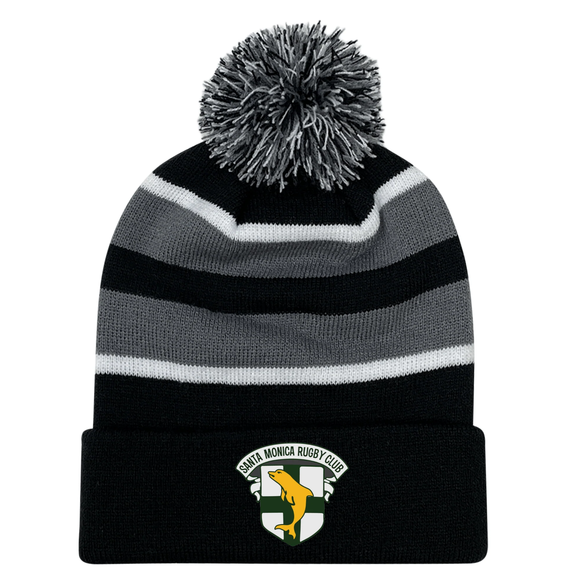 Santa Monica Rugby Club Hooped Knit Fold Over Pom-Pom Beanie - Image 2